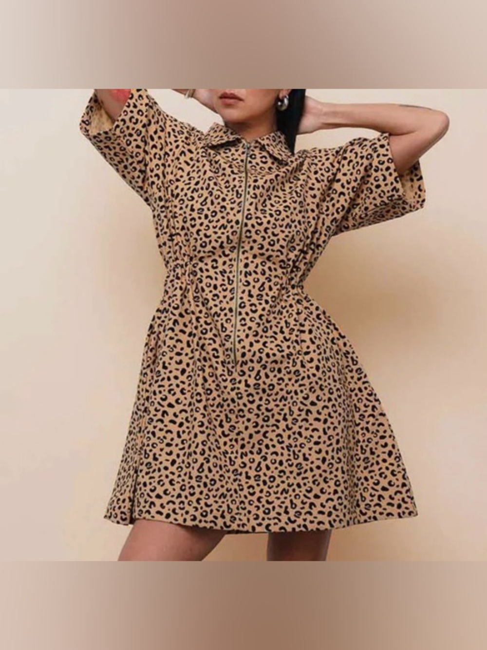 Leopard Print Zip-Front Mini Dress - Beige